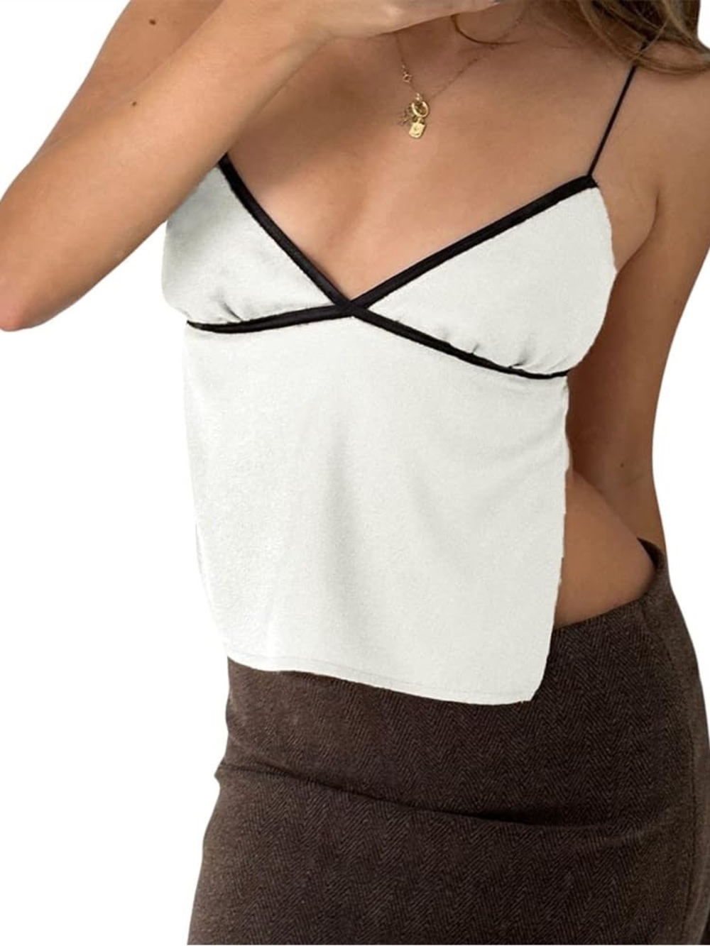 White open back Cami Tank with Black Trim